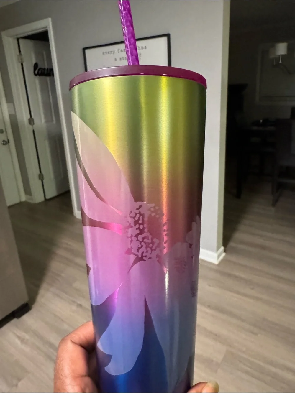 Starbucks Multicolor Iridescent Tumbler with Purple Lid and Straw